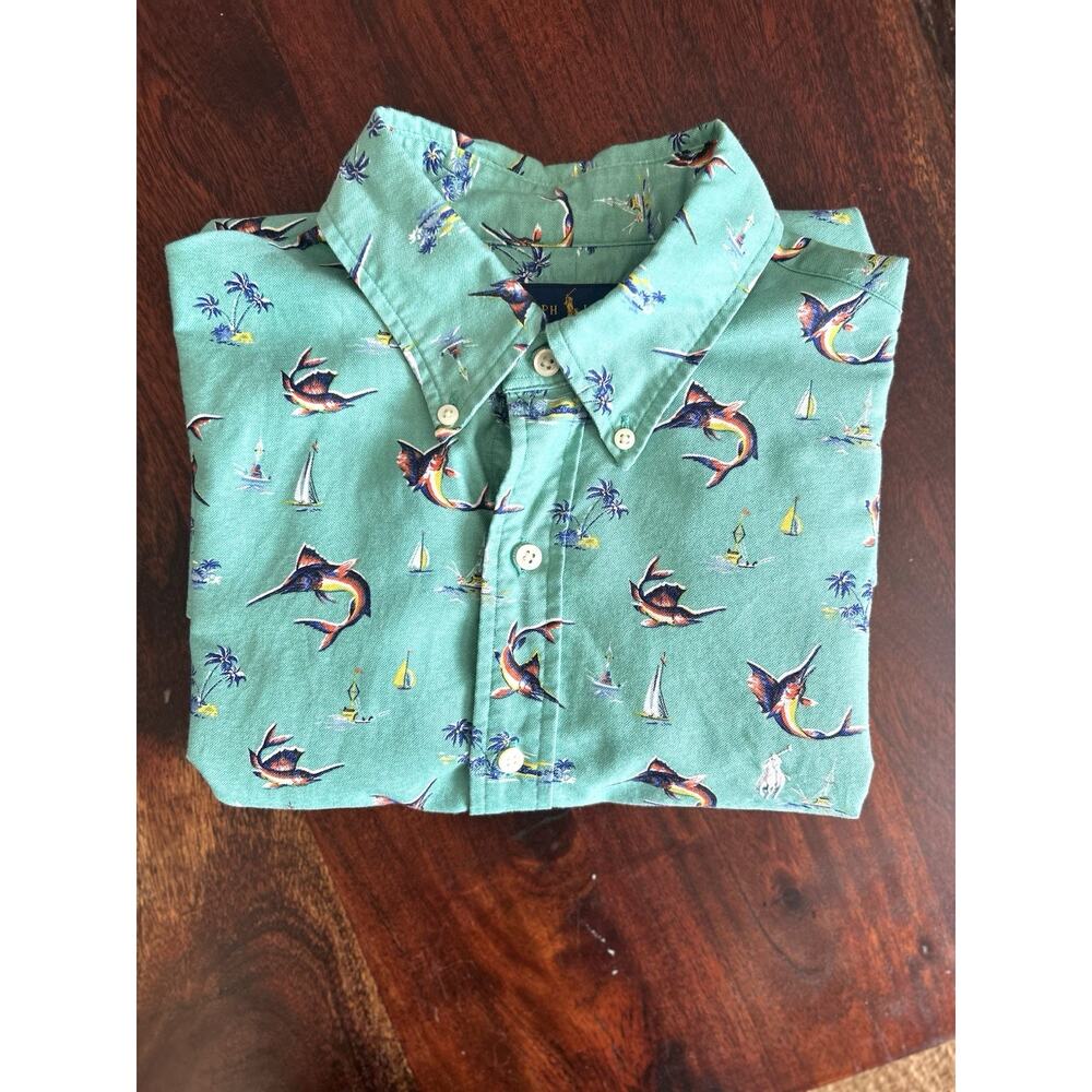 Ralph Lauren Mens M Green Classic Cotton Nautical Fish Graphic Button-Down Shirt - Picture 5 of 6